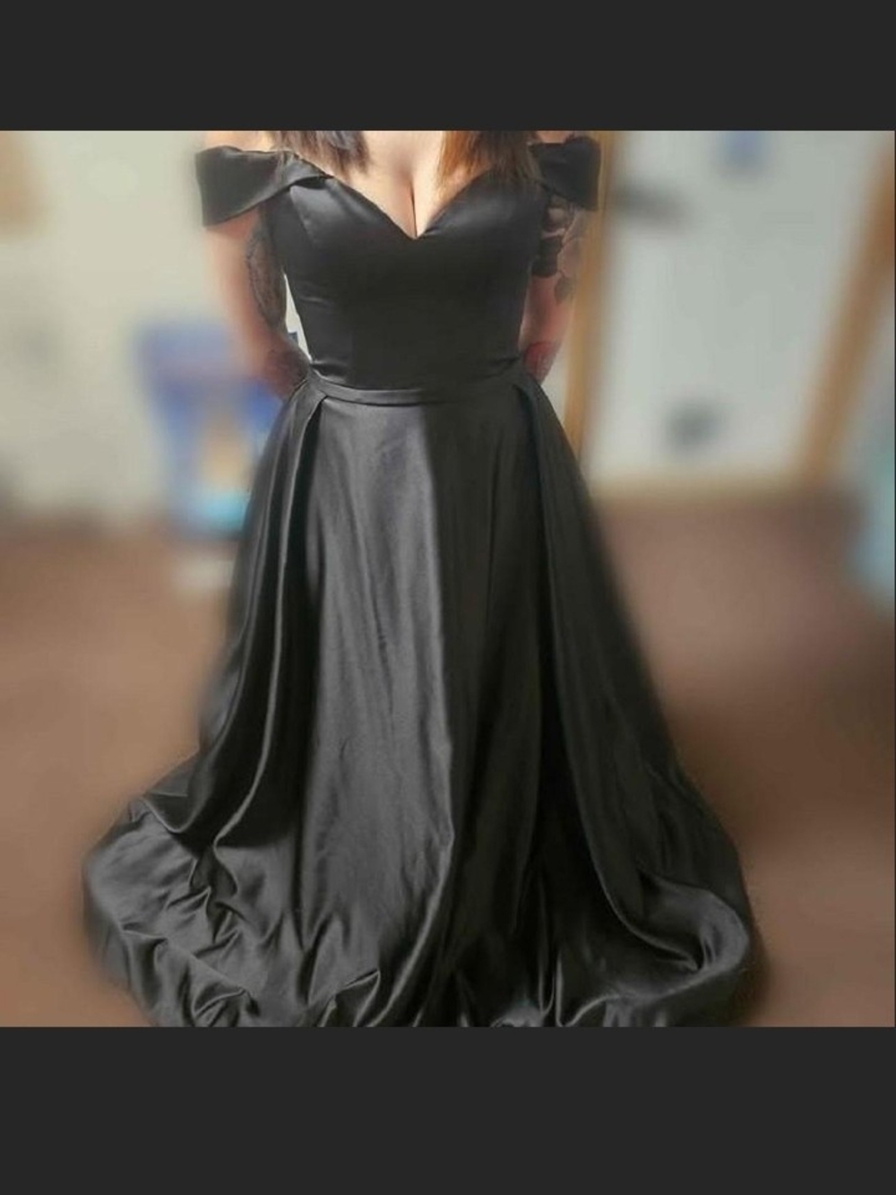 David's Bridal Black Off-Shoulder Satin Ball Gown